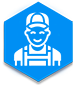 A blue and white icon of a man wearing overalls.