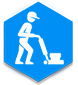 A blue sign with a person using a vacuum