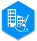 A blue and white icon of a building with a mop.