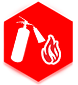 A fire extinguisher and flames on a red background.